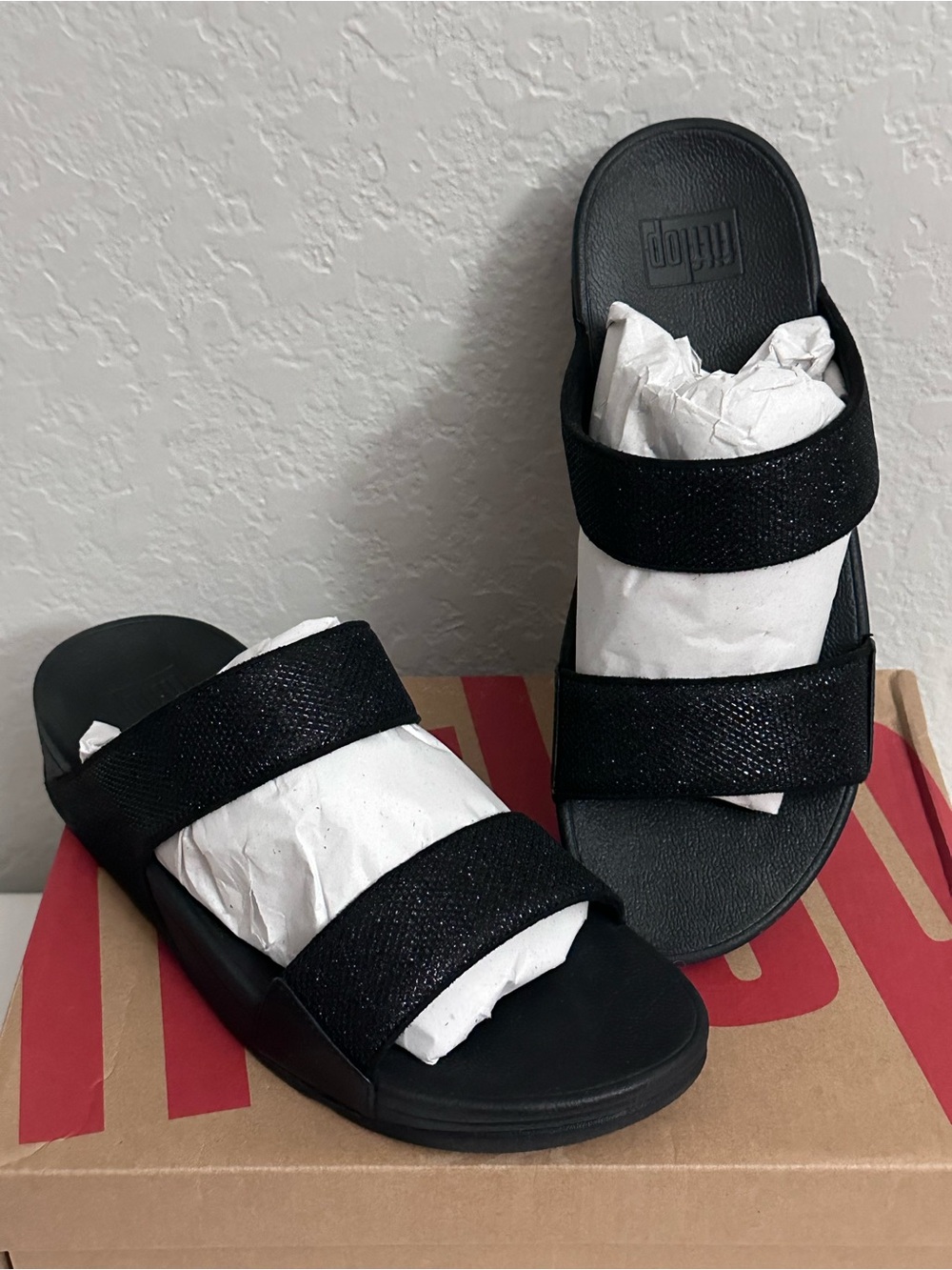 FitFlop Women's Lulu Shimmerglitz Sequin Slide Sandal Size 9 Black